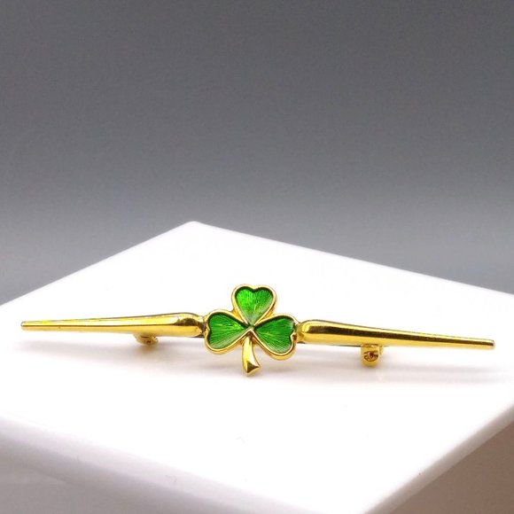 Jewelry - Vintage Shamrock Lapel Pin, Long Gold Tone Lapel Pin acts as Collar Stay